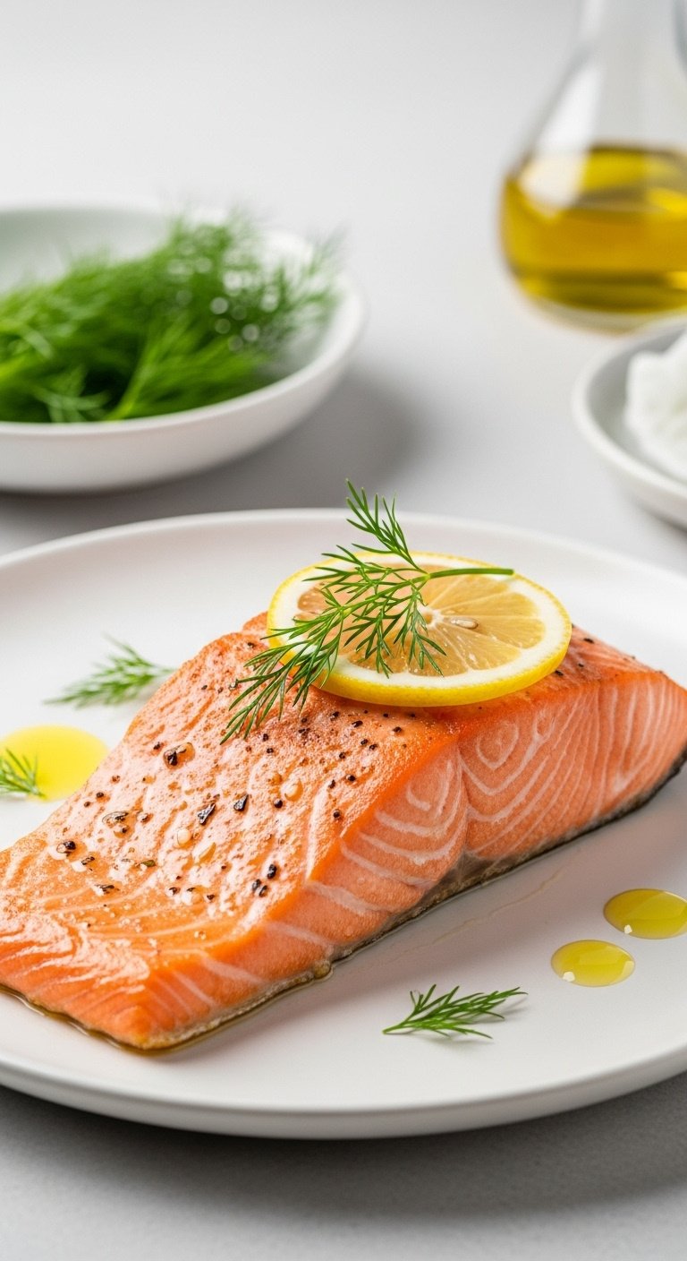 Flaky air fryer salmon fillet with dill and lemon on a white plate with olive oil under bright studio light