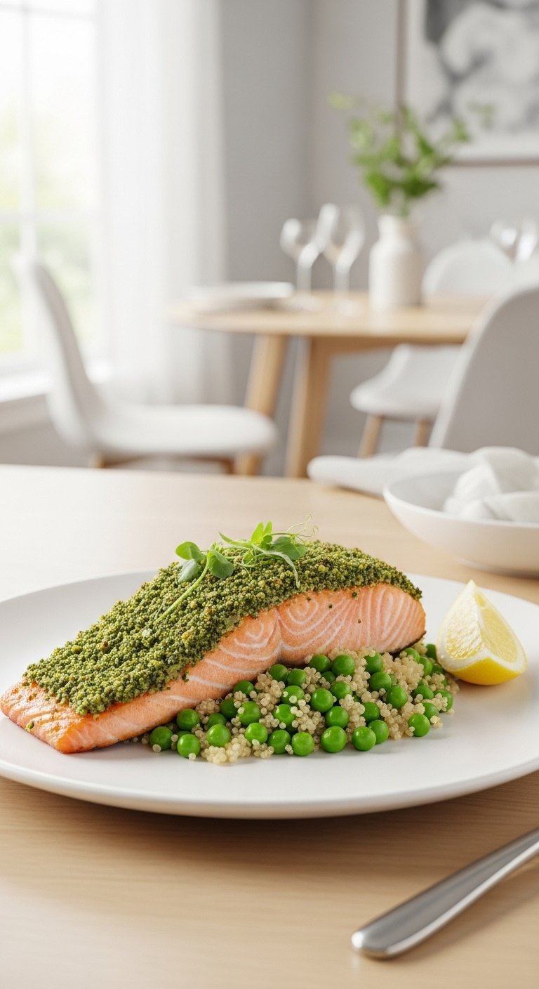 Flaky herb-crusted salmon on fluffy quinoa and bright green peas, with a lemon wedge and fork on a white plate