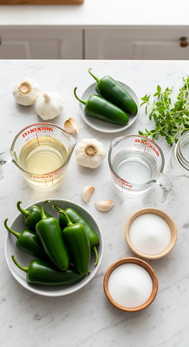Flat lay of fresh jalapeno pickling ingredients on marble countertop with garlic vinegar water salt sugar and herbs