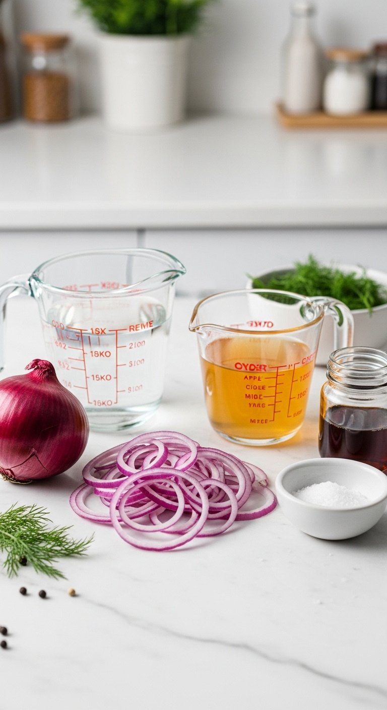 Flat lay of fresh whole and sliced red onions water apple cider vinegar salt and maple syrup on a marble countertop