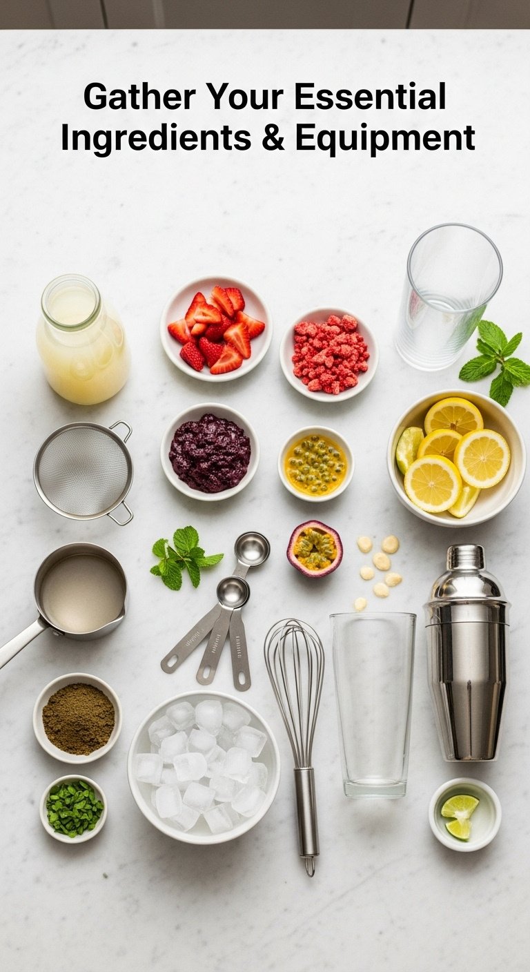 Flat lay of ingredients and equipment for strawberry acai refresher on a marble countertop with fresh fruit and mint