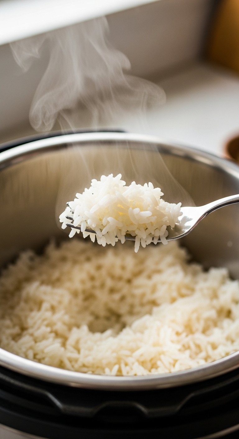 Fork gently lifting a scoop of perfectly cooked fluffy steaming white rice from Instant Pot with distinct grains
