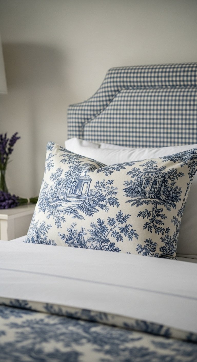 French cottage bedroom classic toile dainty checks pillow sham headboard duvet lavender nightstand serene cozy