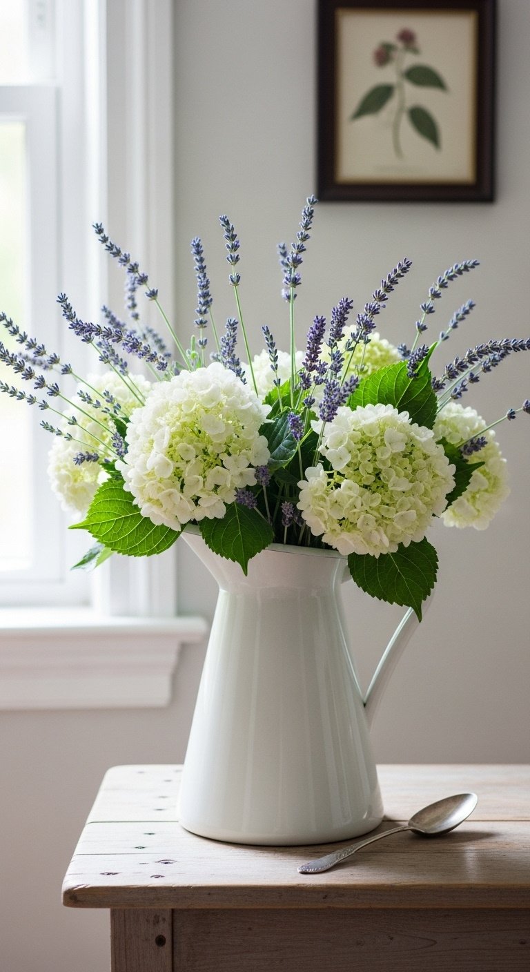 French cottage decor bringing outdoors in ironstone pitcher lavender white hydrangeas pine side table botanical print