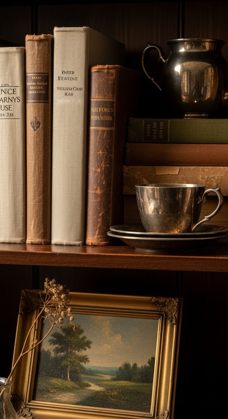 French cottage decor flea market finds vintage treasures dark wood shelf aged books silver teacup oil painting dried flower