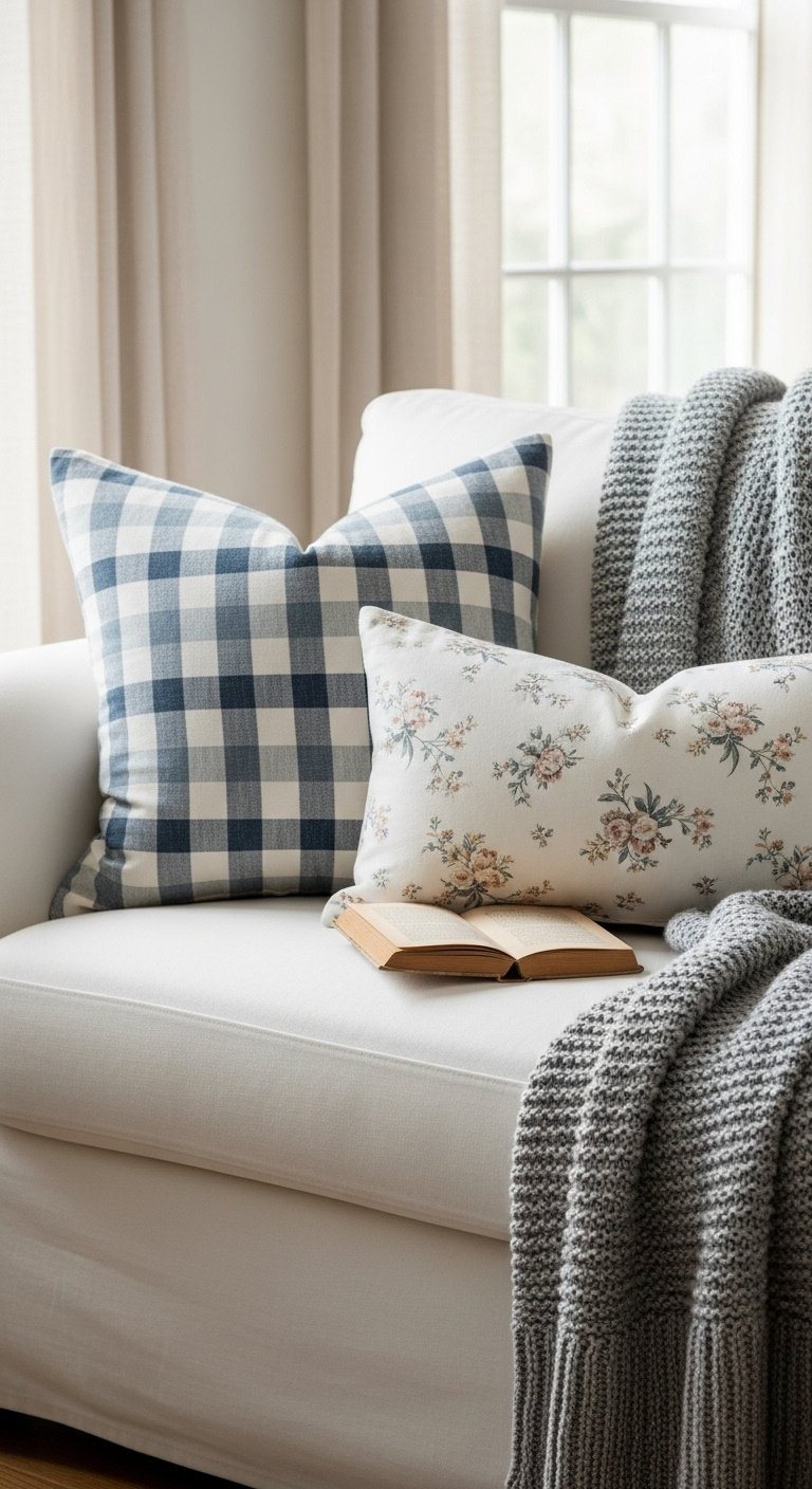 French cottage decor layered natural textures linen sofa ticking stripe floral pillows knit throw vintage book window light