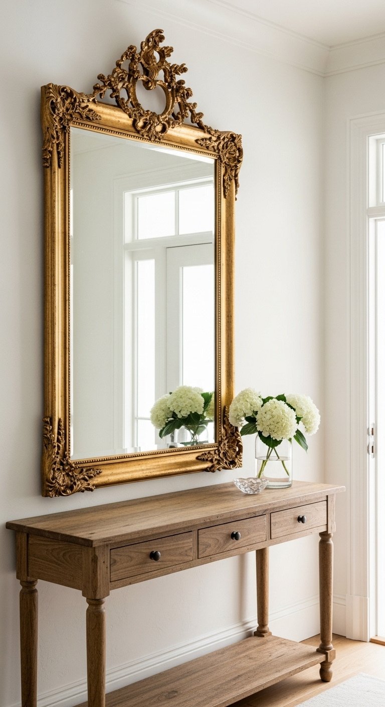 French cottage decor ornate gilded mirror rustic wood console table white hydrangeas entryway elegant minimalist