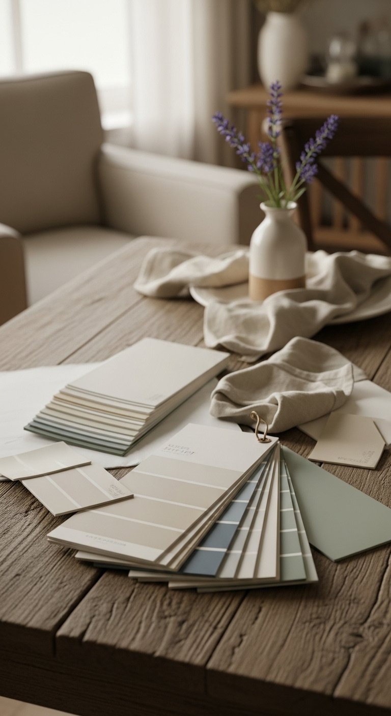 French cottage decor soft muted color palette paint swatches fabric samples flat lay rustic wood table with lavender sprig