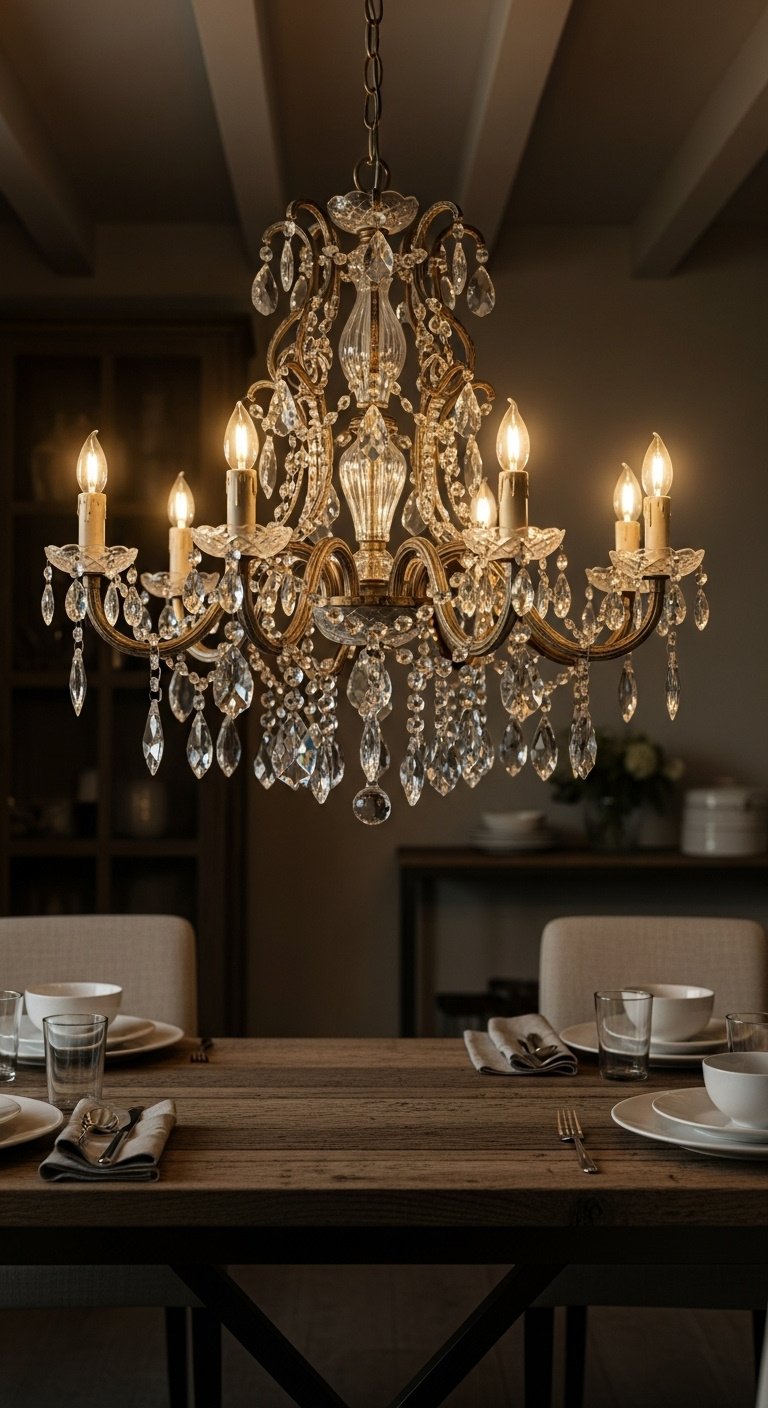 French cottage decor statement crystal chandelier reclaimed wood dining table elegant romantic mood exposed beams