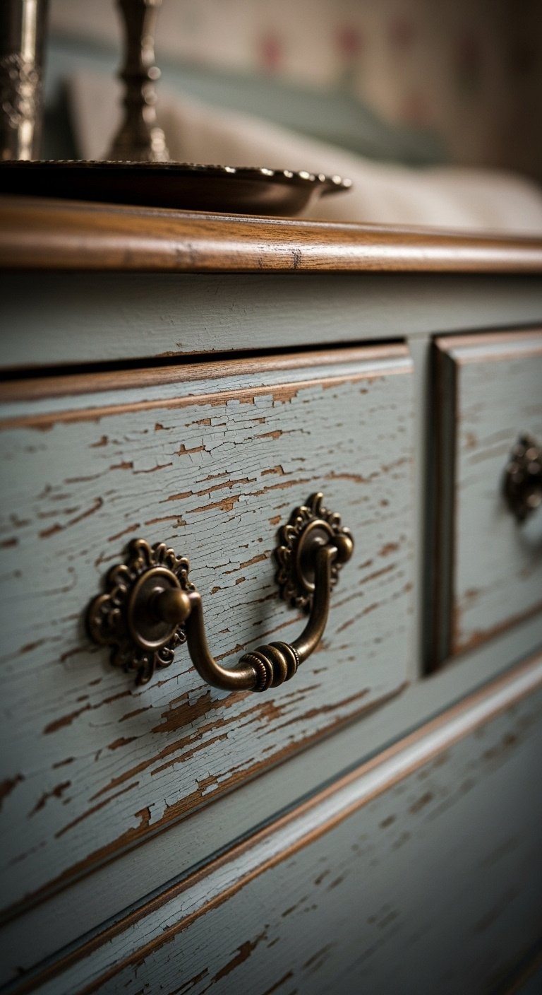 French cottage decor weathered distressed wood furniture blue chalk paint dresser ornate brass pull antique silver tray bedroom
