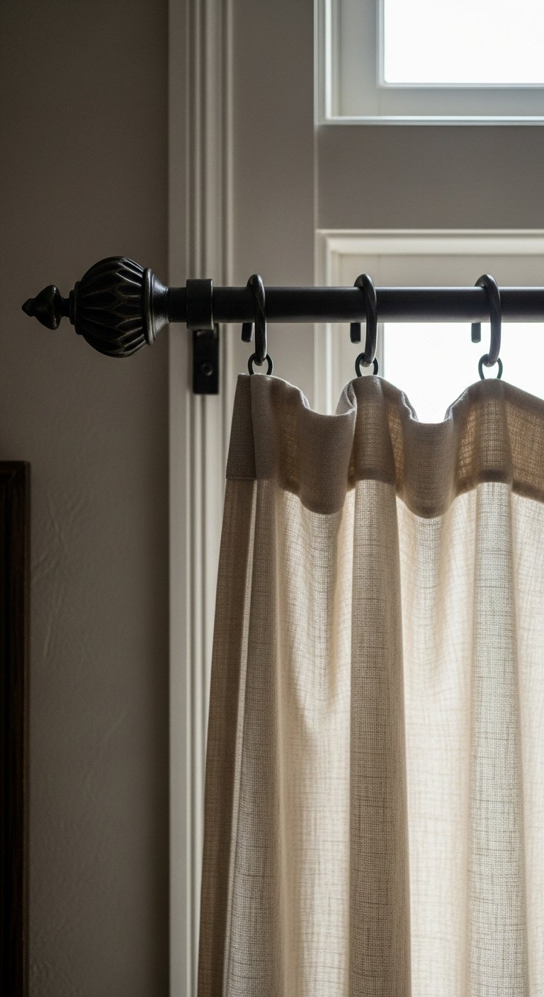 French cottage decor wrought iron accents curtain rod linen curtain living room elegant rustic mood textural contrast