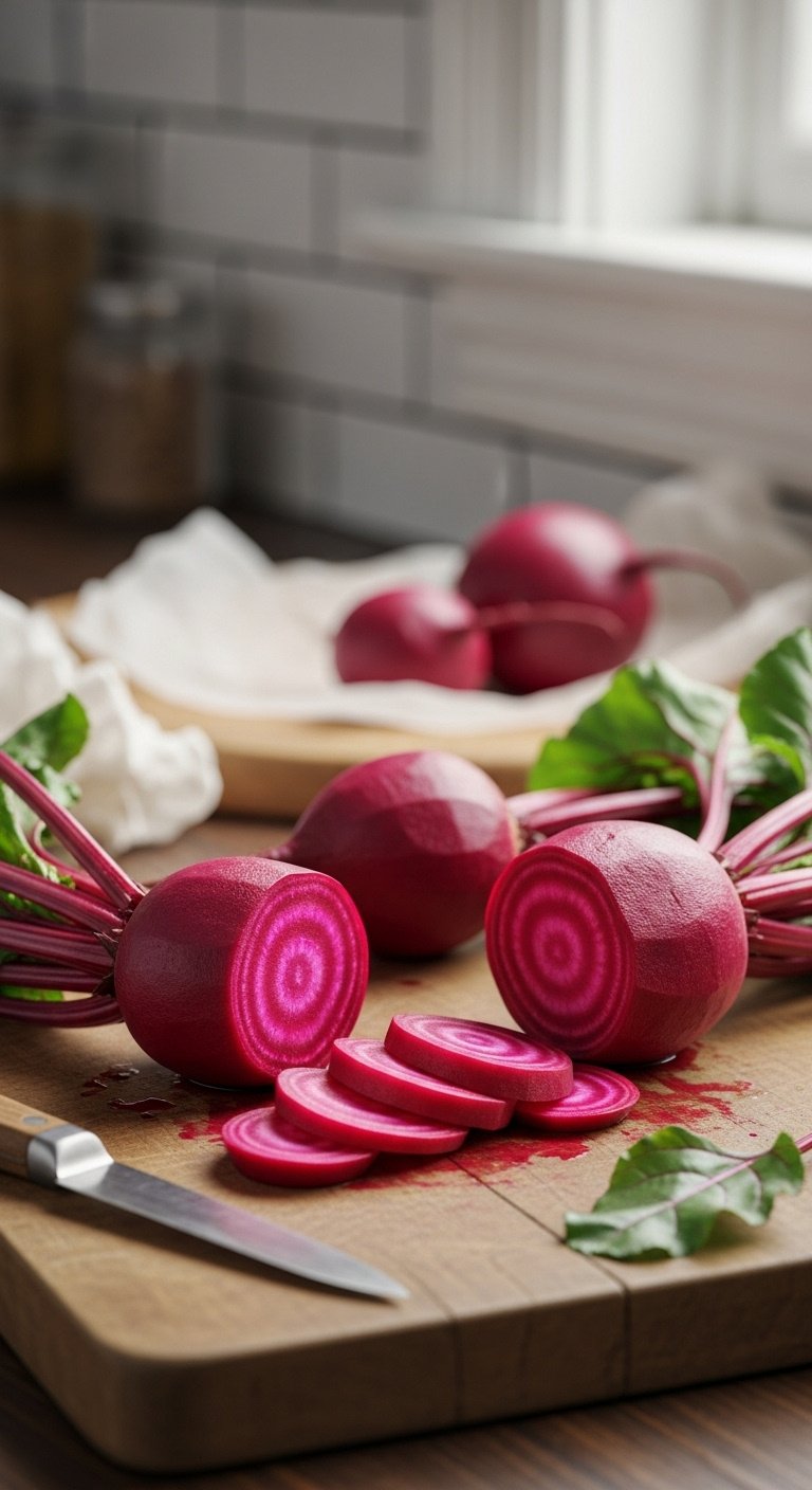 Freshly cooked vibrant magenta beets peeled and neatly sliced on a rustic wooden cutting board with kitchen background