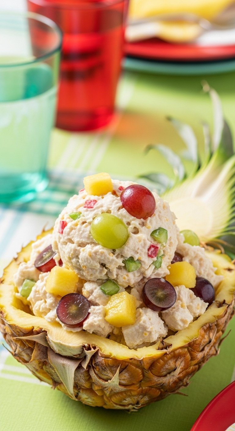Fruity Fran chicken salad in a pineapple half with grapes and pineapple tidbits