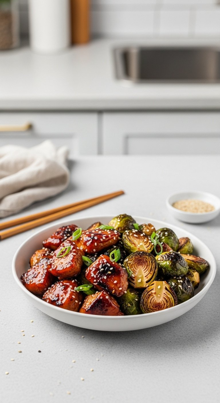 Glossy caramelized sweet chili chicken and charred Brussels sprouts in a white bowl with chopsticks and sesame seeds