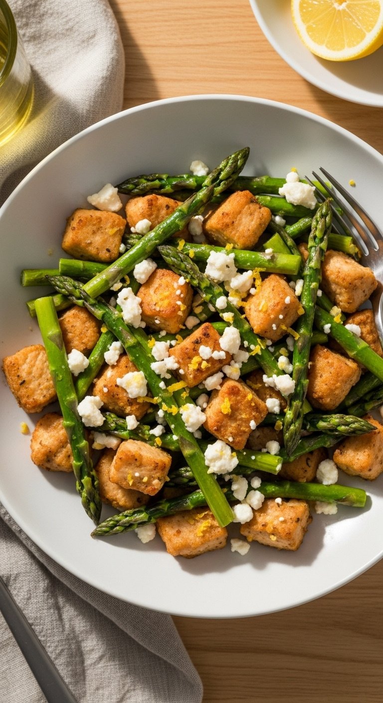Golden-brown air fryer lemon feta chicken cubes with vibrant asparagus spears and lemon zest in a white bowl
