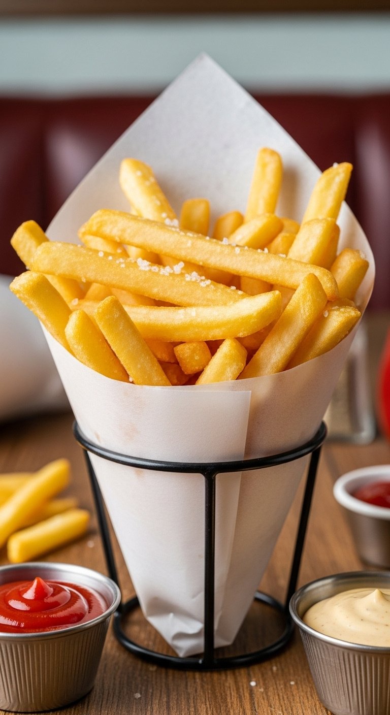 Golden crispy air fryer french fries in a parchment paper cone with ketchup and aioli on a rustic wooden table