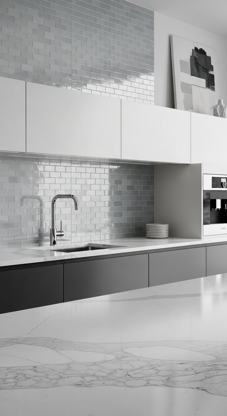 Gray glass mosaic tile backsplash, Calacatta Gold quartz, dark gray cabinets, chrome faucet, built-in coffee maker, modern art.