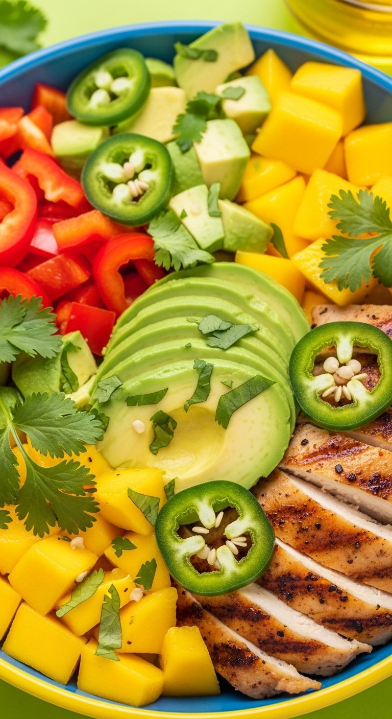 Grilled chicken mango avocado cilantro jalapeno bell pepper salad in colorful bowl