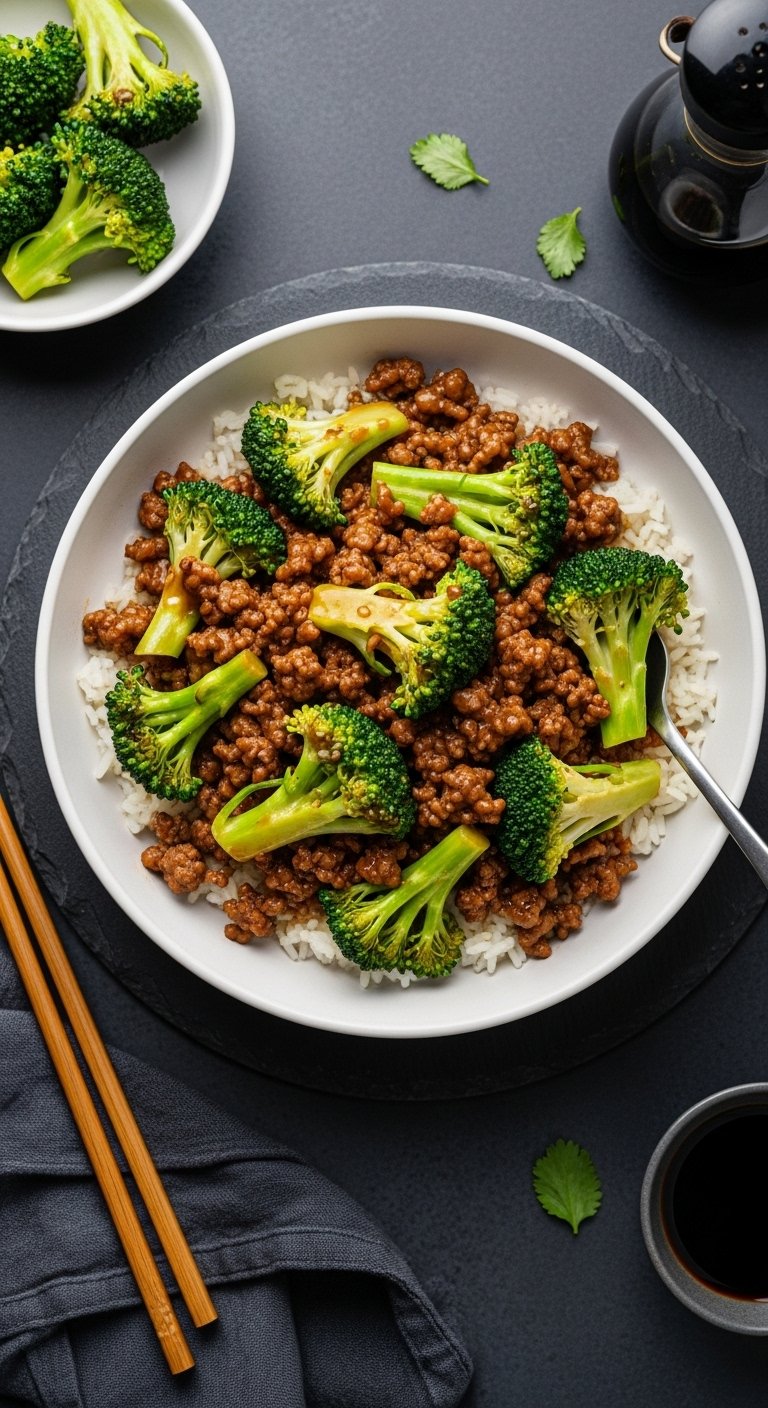 Ground beef broccoli stir fry over white rice in modern bowl with soy sauce and chopsticks on dark slate surface