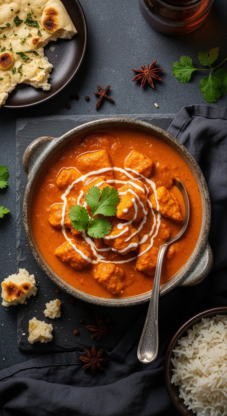 Healthier crockpot butter chicken with coconut cream and cilantro in a dark ceramic bowl with naan rice and spices