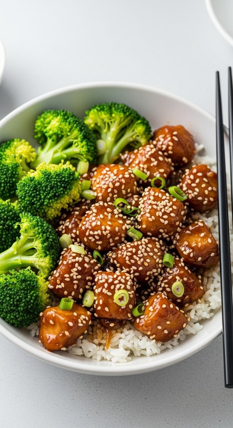 Healthier slow cooker sesame chicken with broccoli over rice green onions and sesame seeds in a white bowl