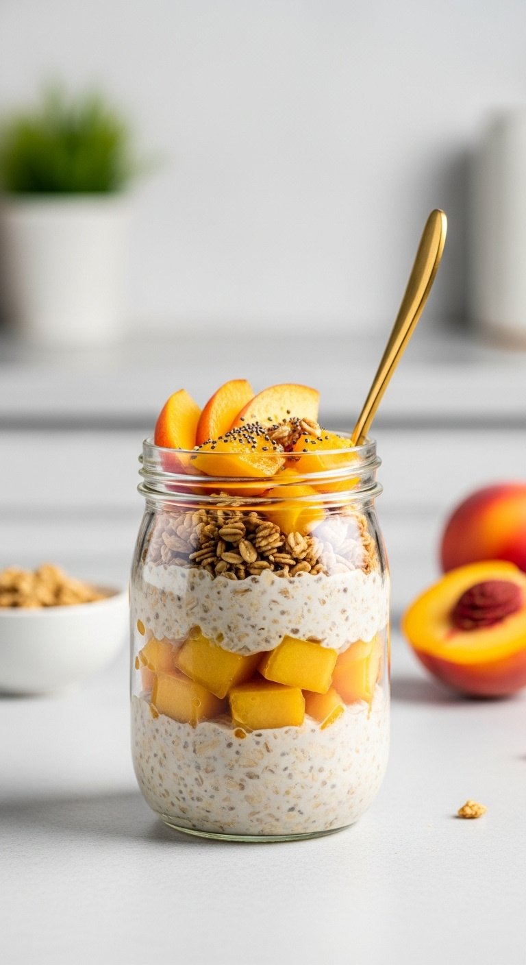 Healthy peachy overnight oats in glass jar with fresh peach slices granola and chia seeds on a light kitchen counter