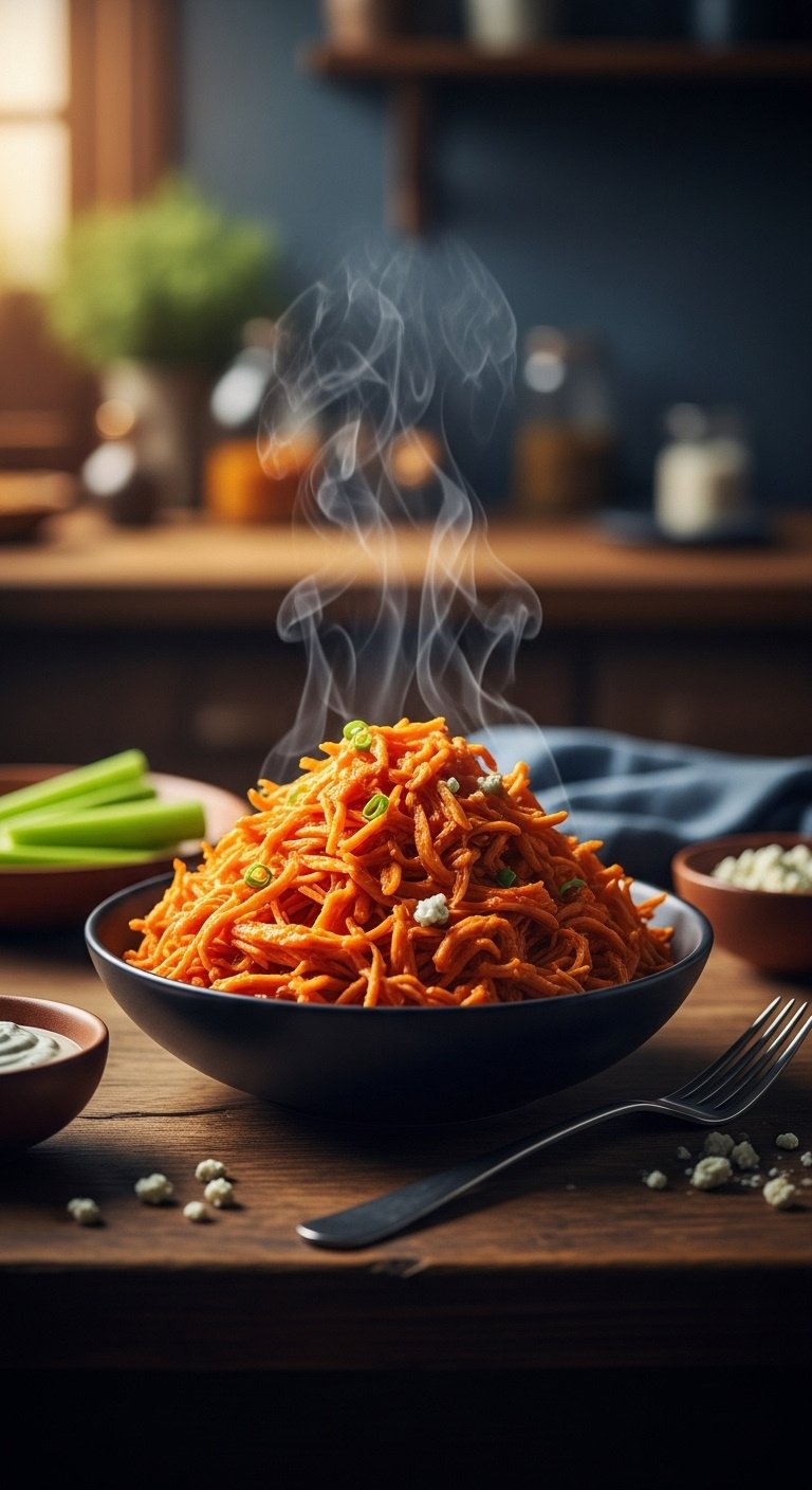 Heaping bowl of saucy shredded buffalo chicken with steam, celery sticks, and blue cheese dressing on a rustic wood table