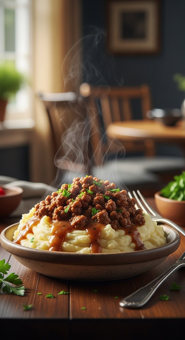 Heaping scoop of creamy mashed potatoes topped with ground beef and gravy in a rustic bowl with fresh parsley on a dark wood table
