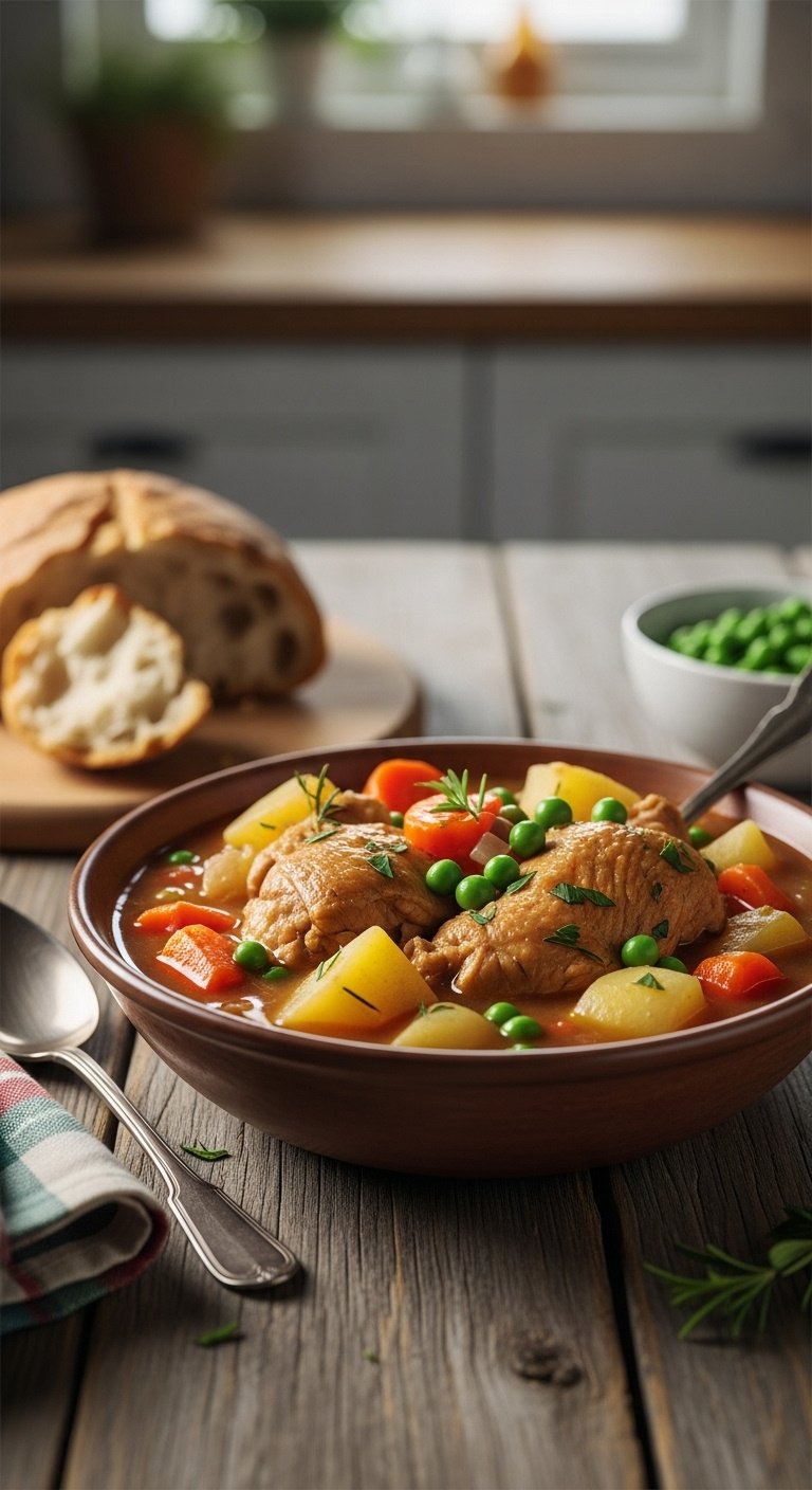 Hearty Instant Pot chicken stew with potatoes carrots and peas in a rustic bowl on a wooden table