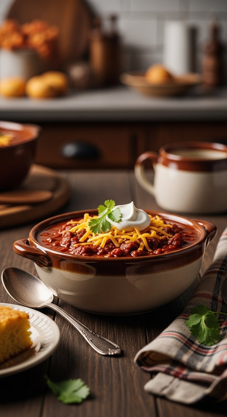 Hearty crockpot beef chili with cheese sour cream and cilantro in a stoneware bowl with cornbread and spoon on a wood table