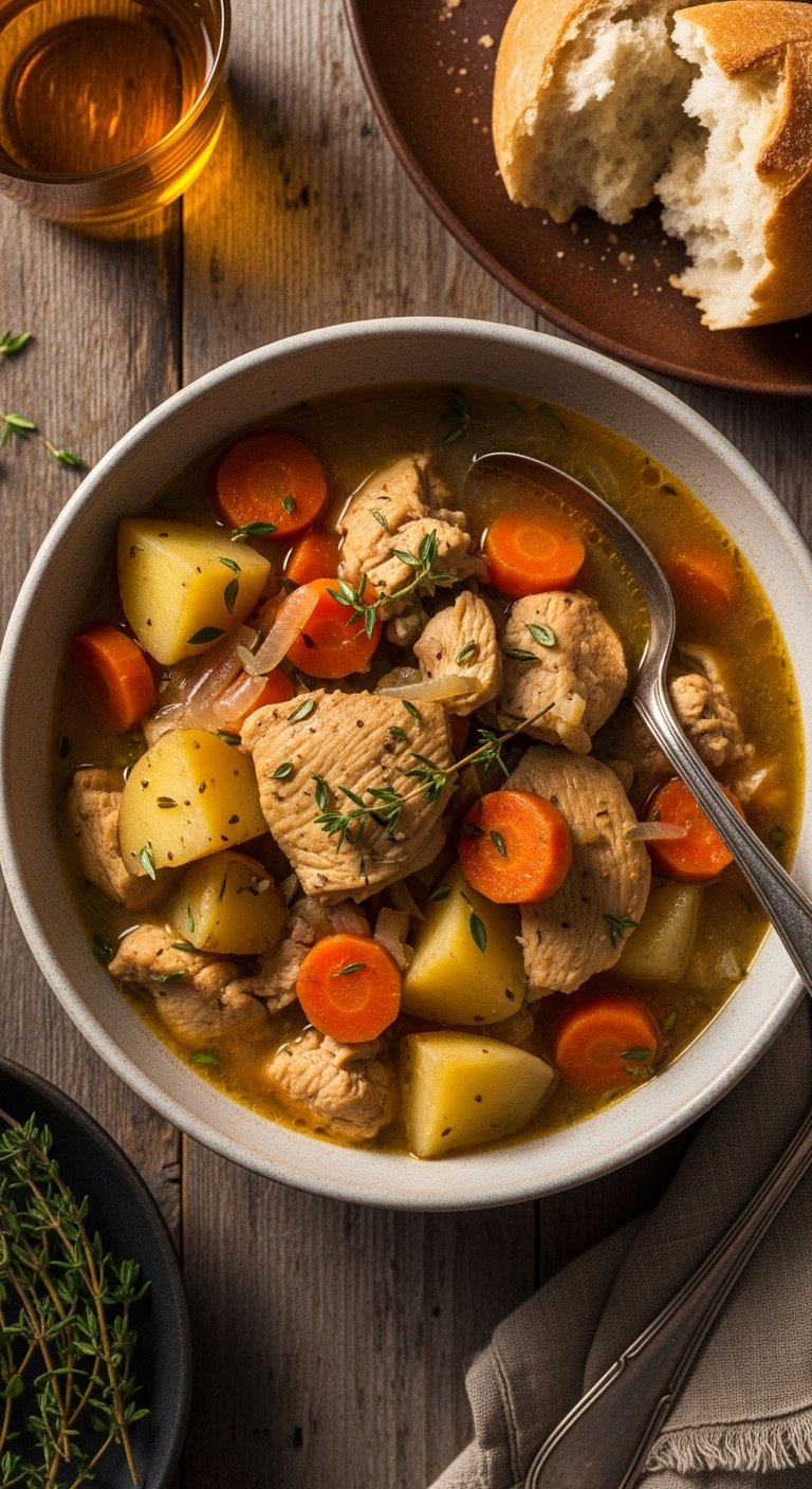 Hearty crockpot chicken stew with potatoes carrots and thyme in a bowl with bread and napkin on wood table