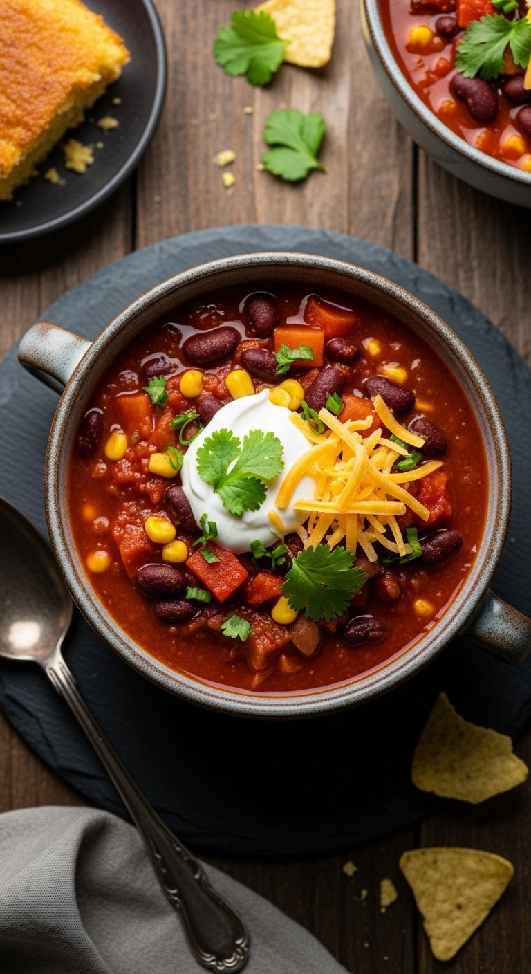 Hearty crockpot vegetarian chili with sour cream cheese and cilantro in a ceramic bowl with cornbread and tortilla chips on slate