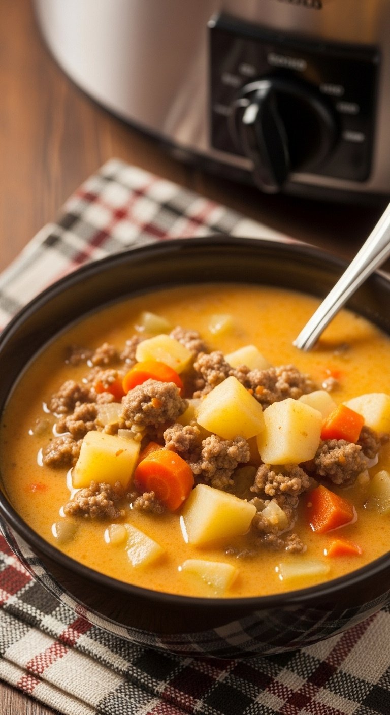 Hearty slow cooker cheeseburger soup with potatoes ground beef and carrots in a stoneware bowl with spoon