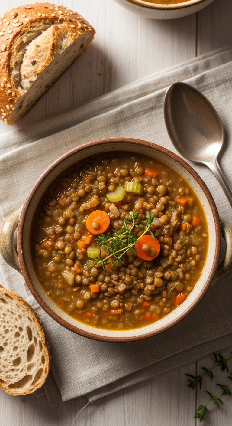 Hearty slow cooker lentil soup with carrots celery and thyme in a rustic bowl with bread and spoon