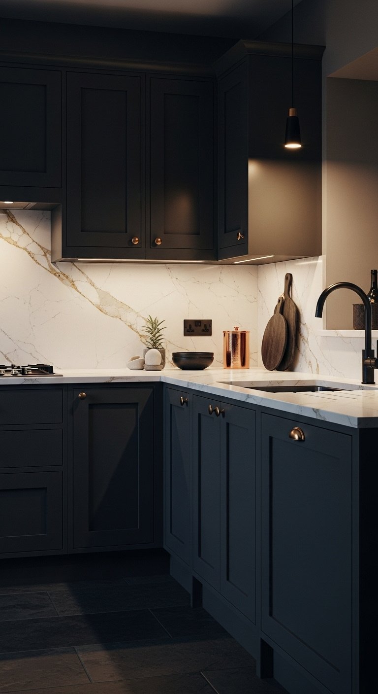 High-contrast kitchen, dark charcoal cabinets, Calacatta Gold quartz countertops, matte black faucet, copper canister, wood cutting board.