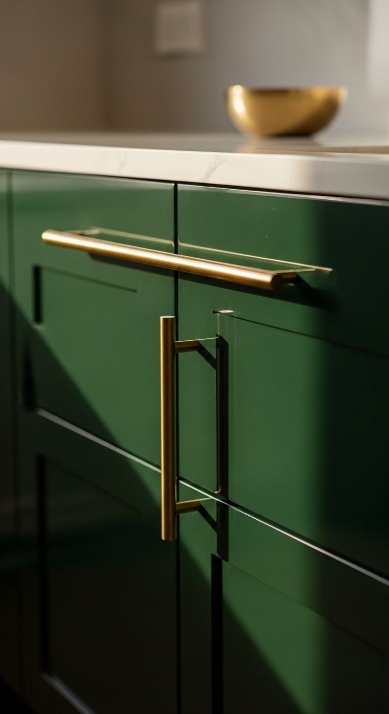 High gloss emerald green kitchen cabinetry with sleek brass handle and white marble countertop