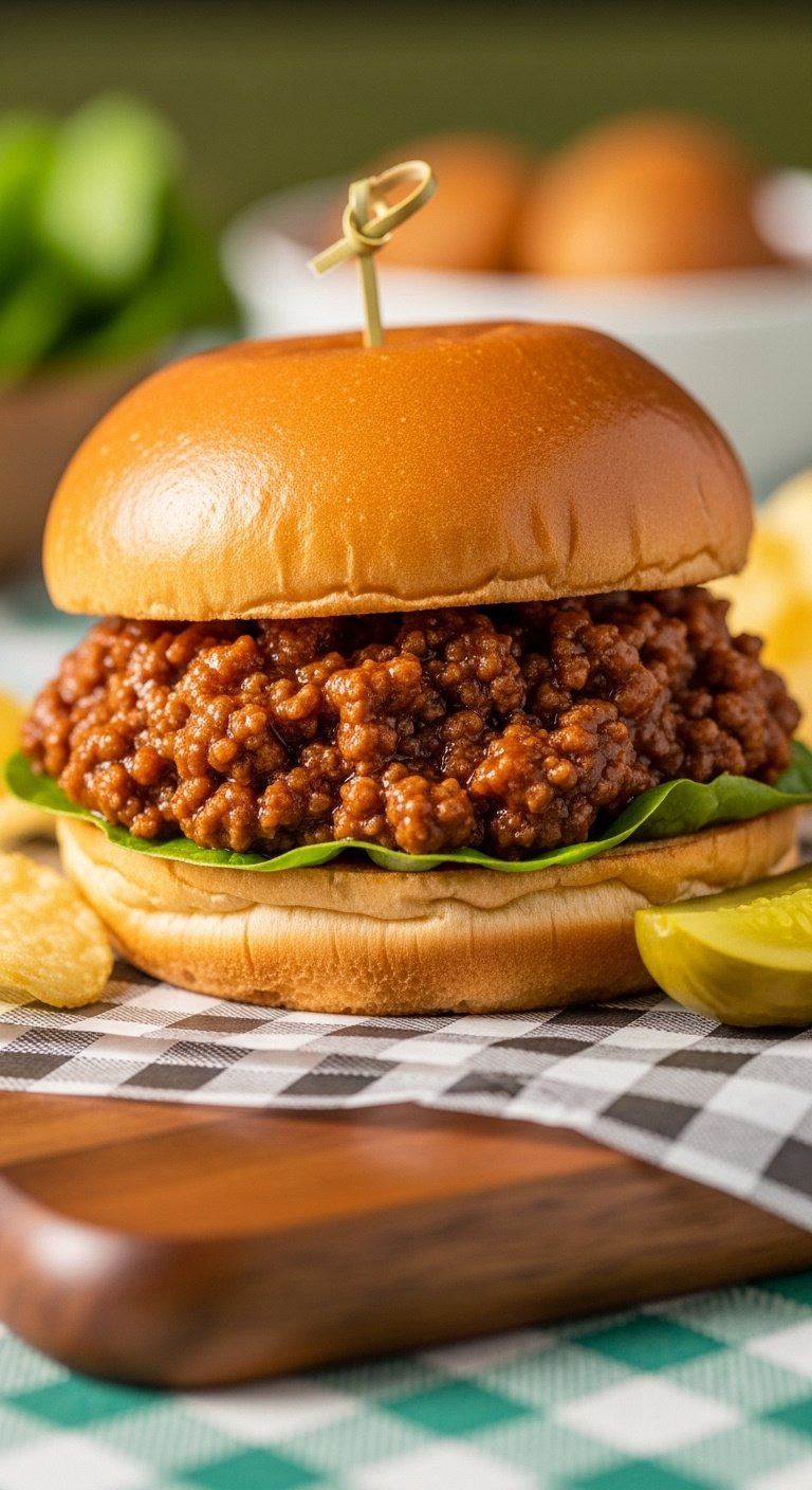Homestyle crockpot sloppy joe on a toasted brioche bun with potato chips and a pickle spear