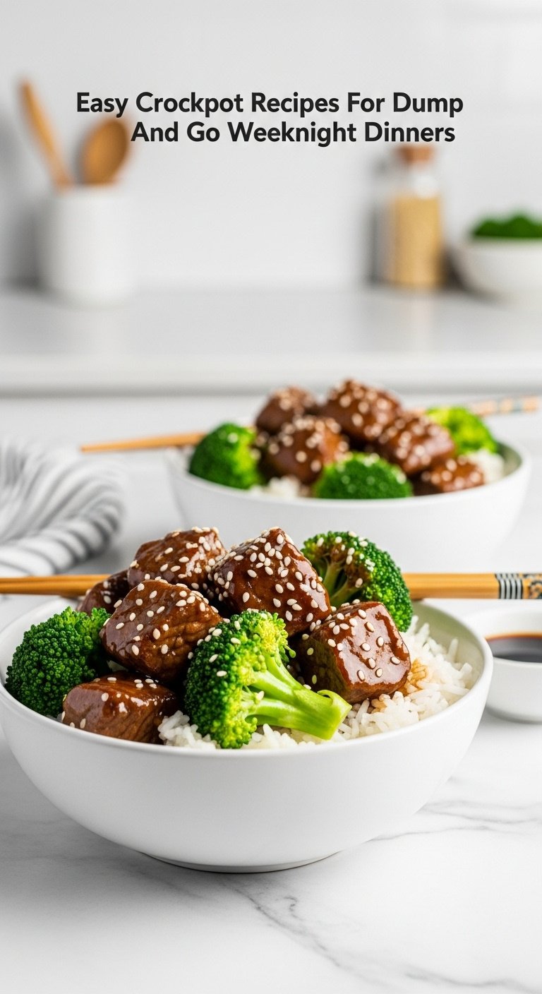 Honey garlic beef and broccoli over rice in a white bowl with sesame seeds chopsticks and soy sauce on marble