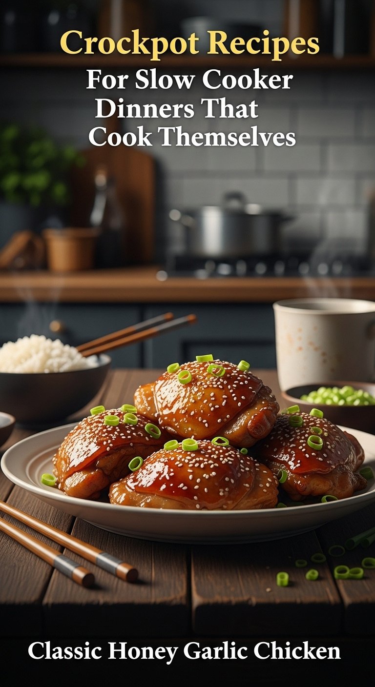 Honey garlic chicken slow cooker recipe in a white bowl with rice on a rustic wood table in a kitchen with warm lighting