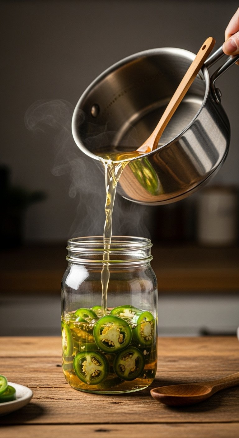 Hot pickling brine being poured from a stainless steel saucepan into a glass jar of sliced jalapenos on a rustic wood table