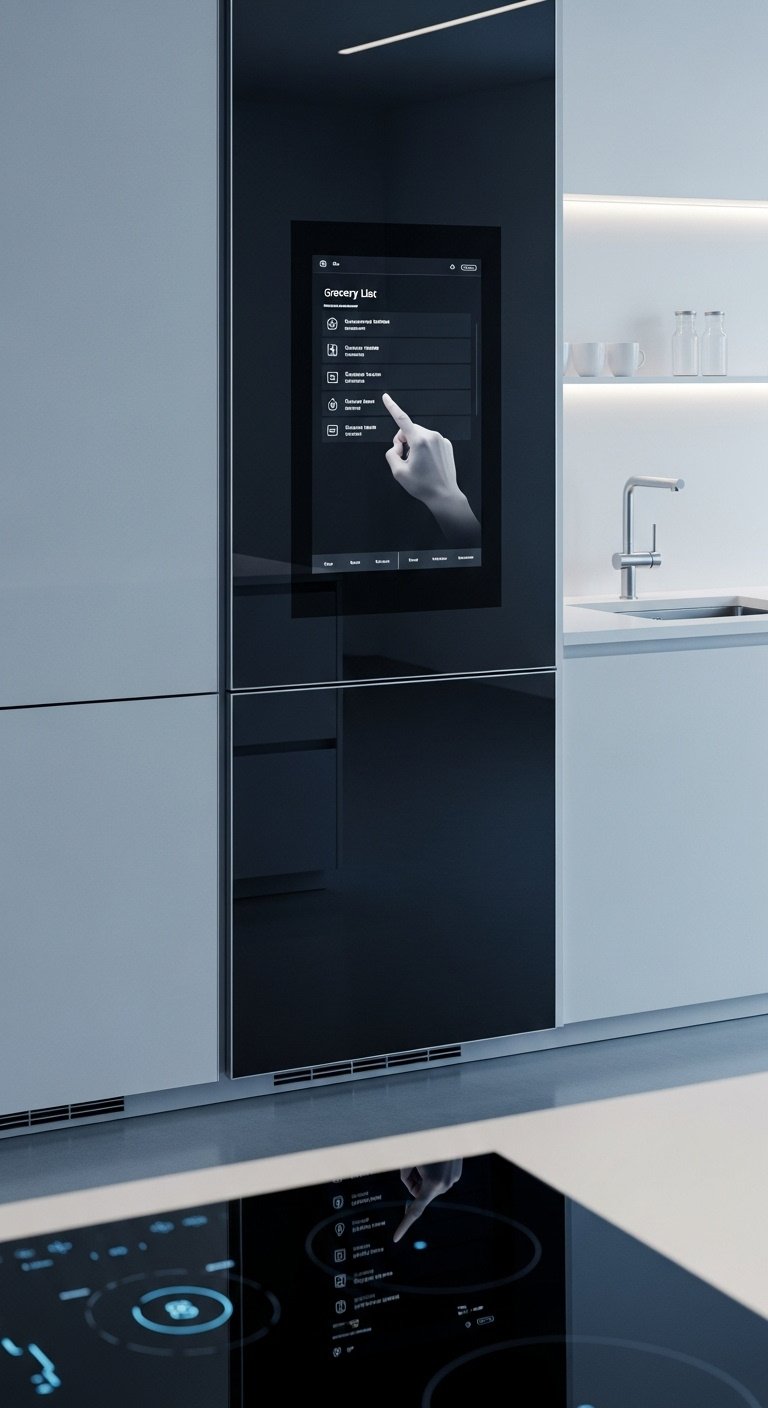 Hyper modern smart kitchen with integrated panel ready refrigerator and sleek dark glass touch screen