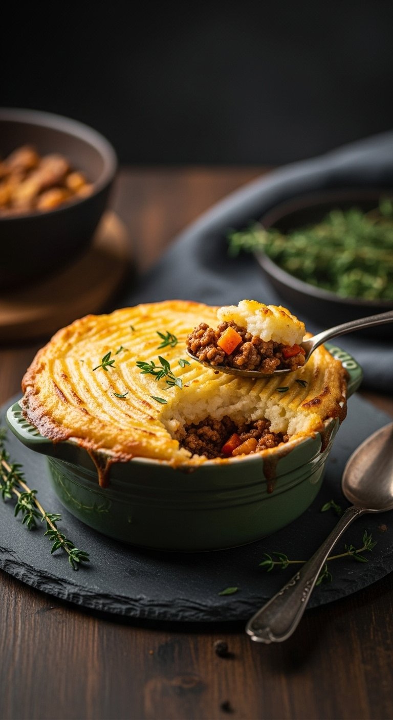 Individual ramekin of shepherd's pie with golden mashed potato topping ground beef and vegetable filling sprig of thyme on slate placemat