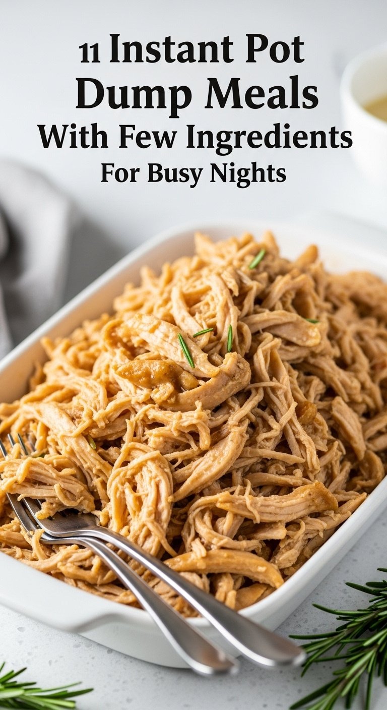Instant Pot 3 Packet Chicken shredded savory gravy white serving dish forks rosemary light countertop