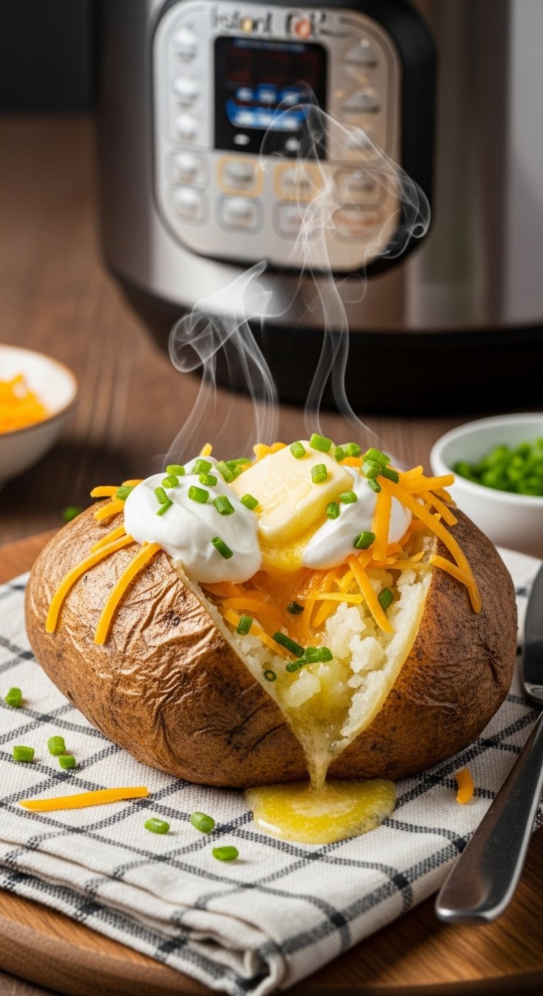 Instant Pot Baked Potato split open butter sour cream cheddar chives checkered napkin wooden board blurred Instant Pot
