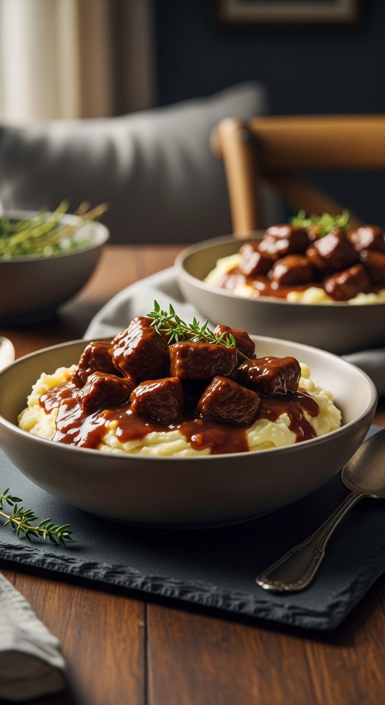 Instant Pot Beef Tips and Gravy over mashed potatoes ceramic bowl thyme garnish wooden table cozy dining background