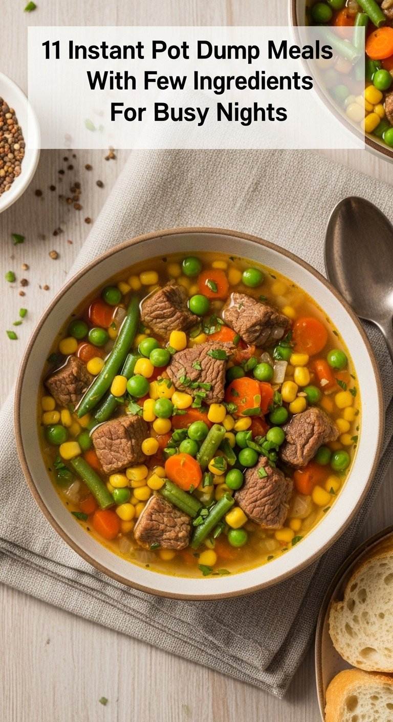 Instant Pot Beef Vegetable Soup steaming bowl beef corn peas carrots green beans linen napkin wood surface spoon bread