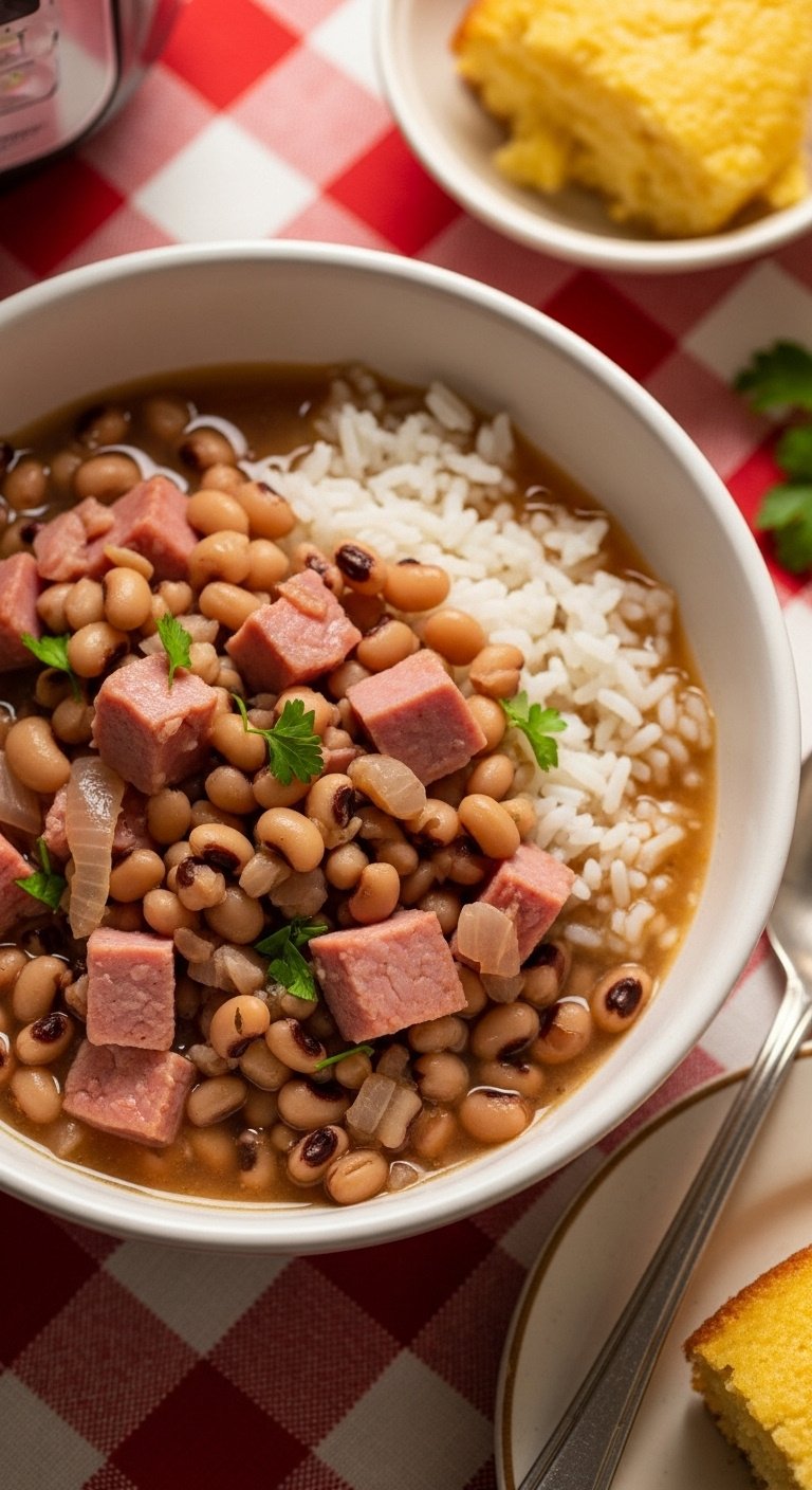 Instant Pot Black Eyed Peas and Ham over rice rustic bowl cornbread checkered tablecloth warm light