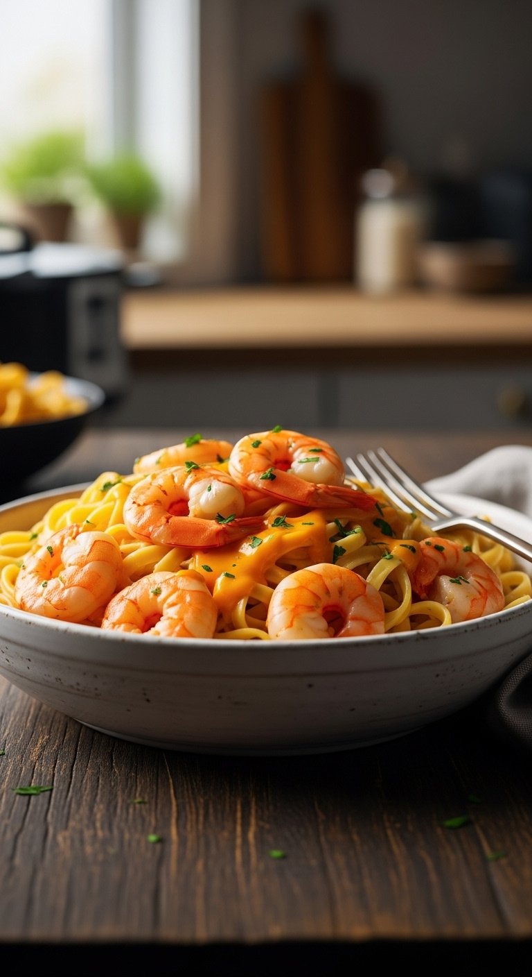 Instant Pot Cajun Shrimp Fettuccine Velveeta creamy pasta rustic bowl parsley dark wood table kitchen background