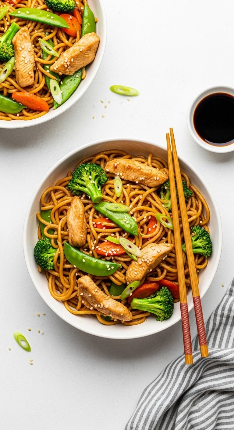 Instant Pot Chicken Lo Mein vibrant noodles chicken vegetables chopsticks soy sauce white background