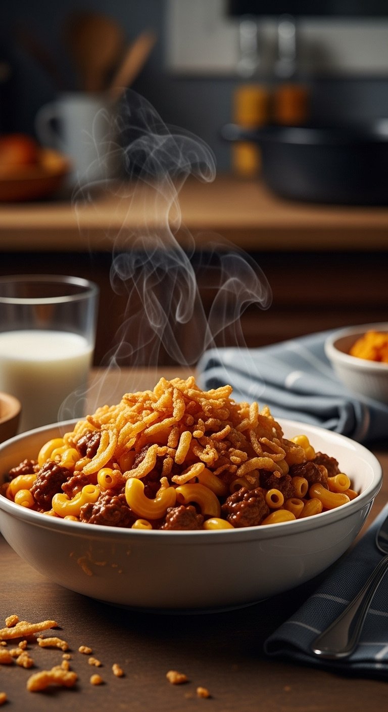 Instant Pot Hamburger Helper with crispy fried onion topping cheesy beef macaroni steaming bowl kitchen table milk napkin